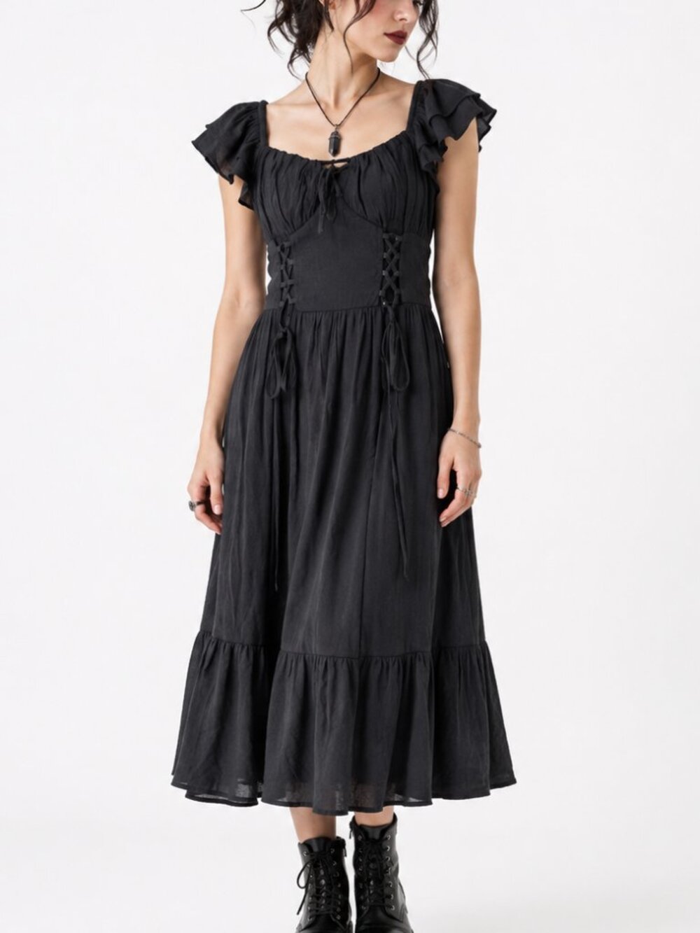 Trixxi Black Witchy Dress Flowy Whimsigoth Renaissance Corset Lace Up Hot Topic